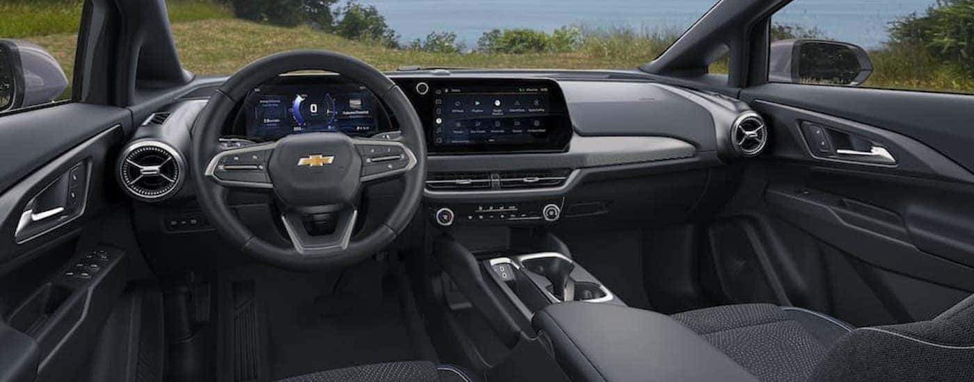 The black interior of a 2025 Chevy Equinox EV for sale near Guilderland.