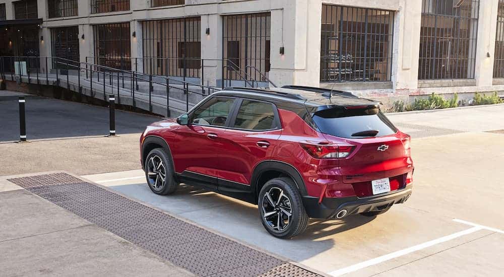Red 2021 Chevy Trailblazer from the rear at an angle. 