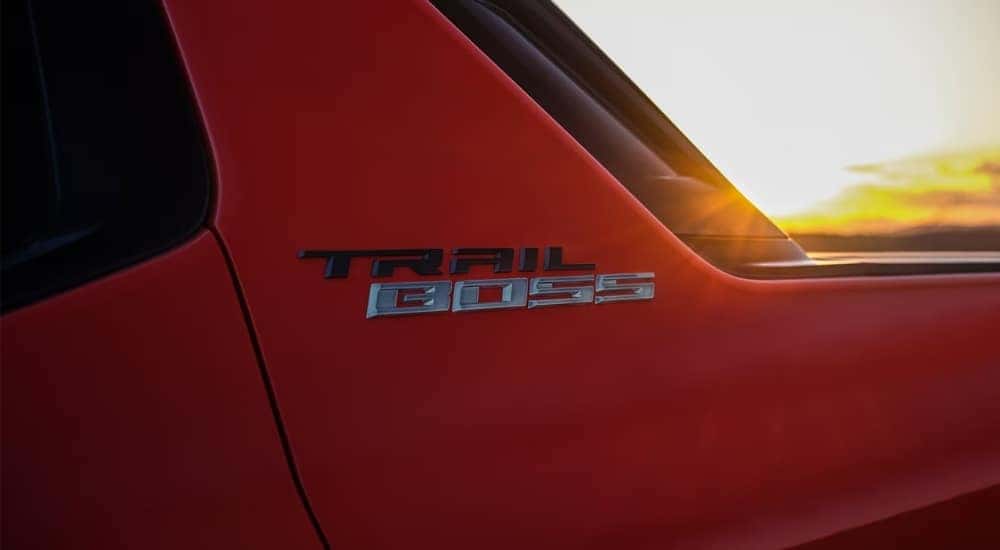 Trail Boss badging on a red 2026 Chevy Silverado EV