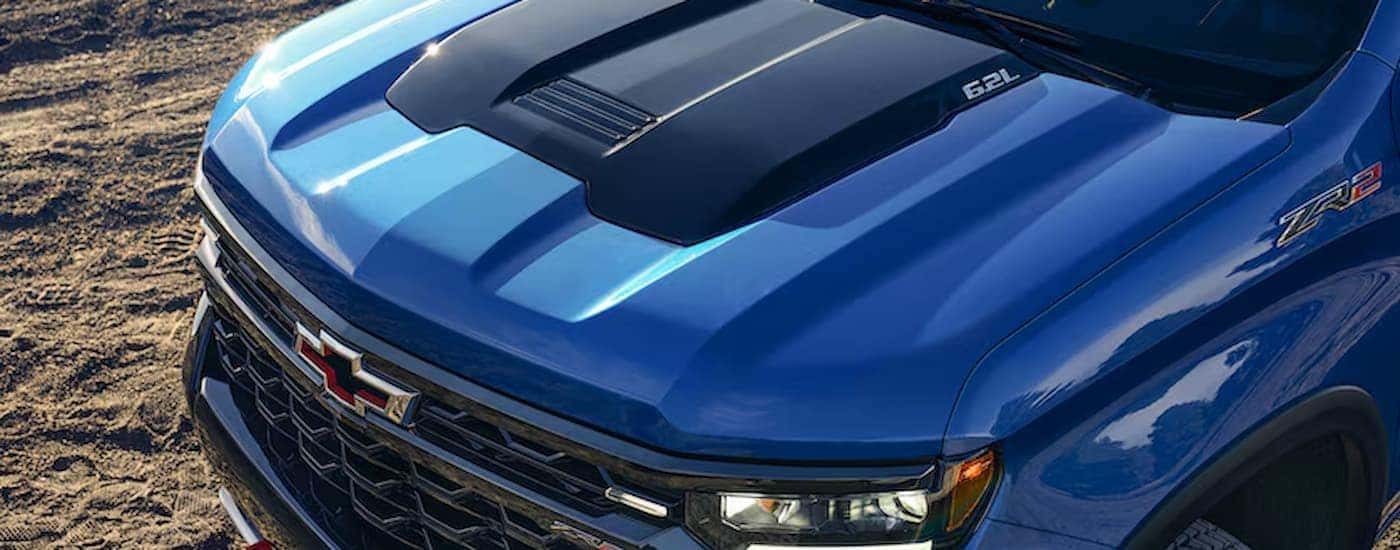 Hood of a blue 2026 Chevy Silverado 1500 ZR2