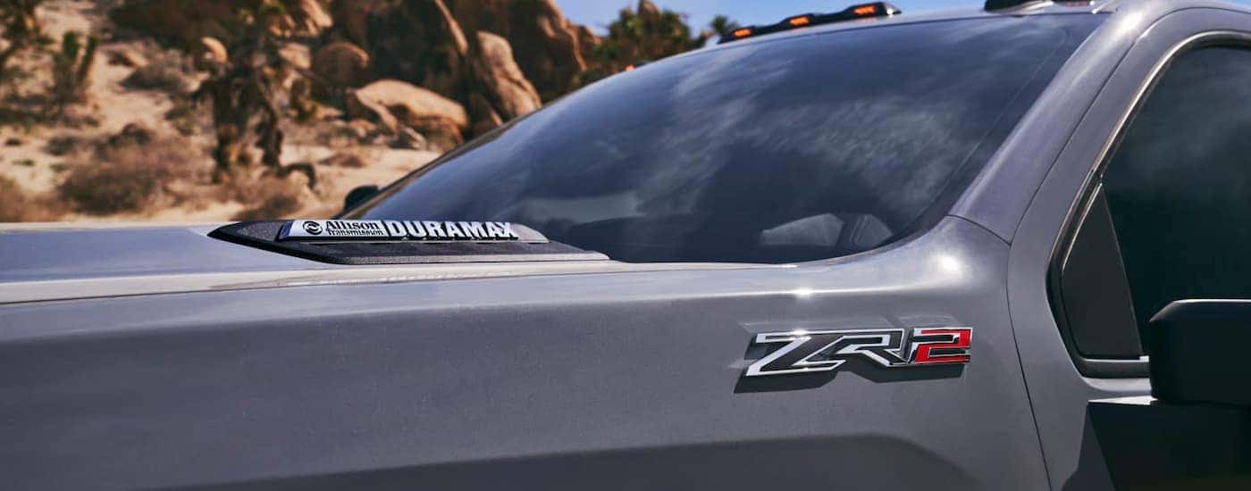 A gray 2026 Chevy Silverado 2500 HD ZR2 badging