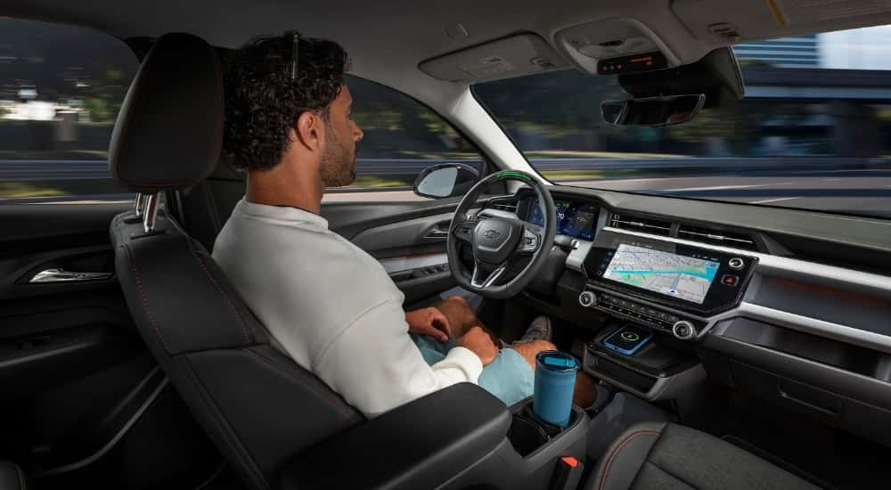 The black interior of a 2027 Chevy Bolt.