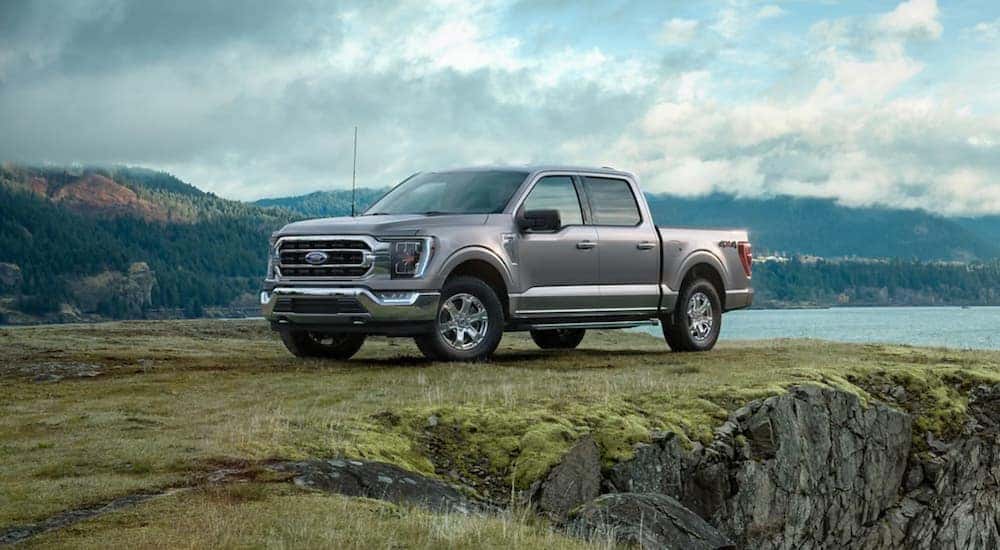 Grey 2021 Ford F-150 parked off-road.