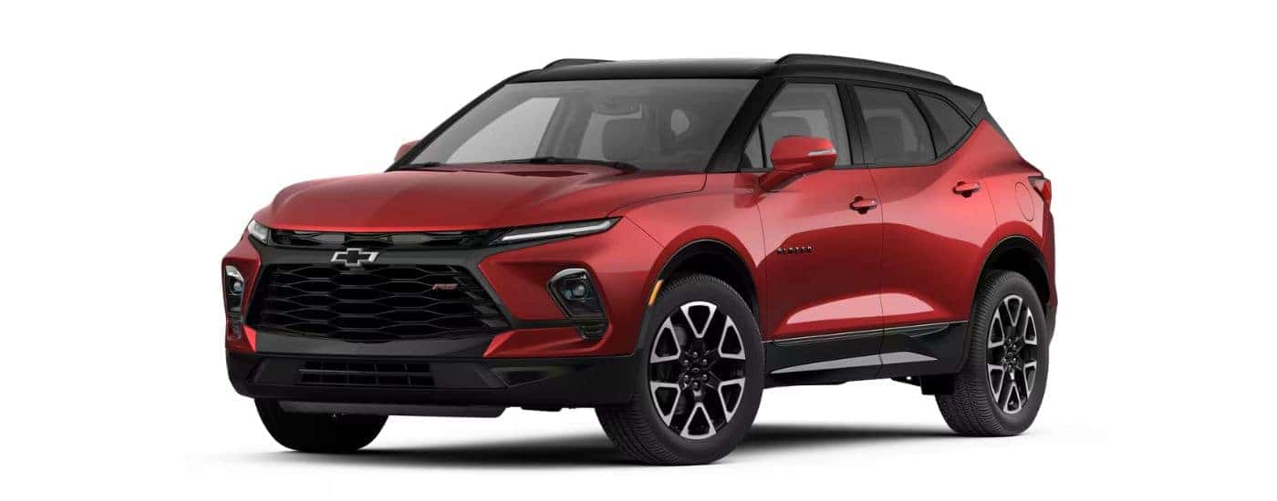 A red 2026 Chevy Blazer RS angled left.