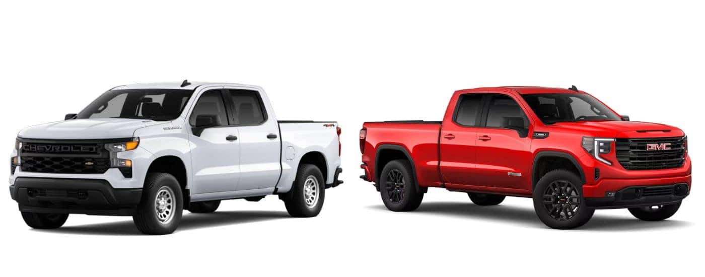 A white 2026 Chevy Silverado 1500 vs a red 2026 GMC Sierra 1500