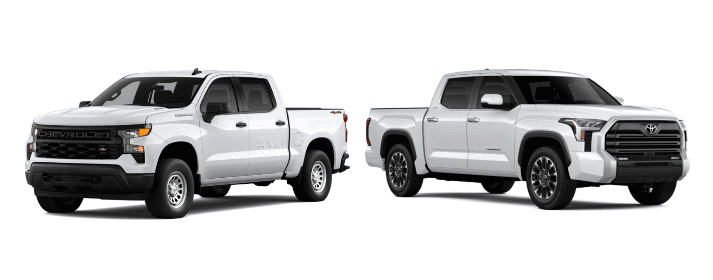 A white 2026 Chevy Silverado 1500 vs a white 2026 Toyota Tundra