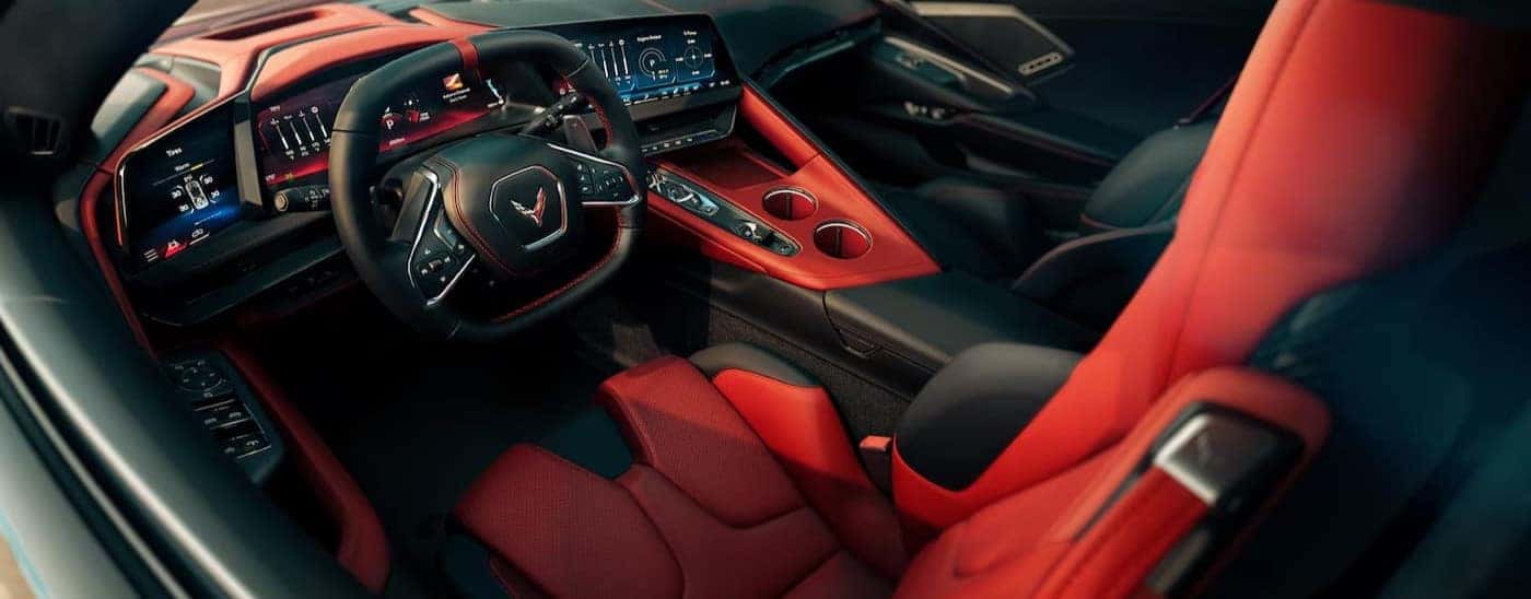 Black and red interior and dash in a 2026 Chevy Corvette E-Ray.