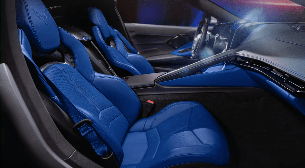 Blue leather interior in a 2026 Chevy Corvette E-Ray