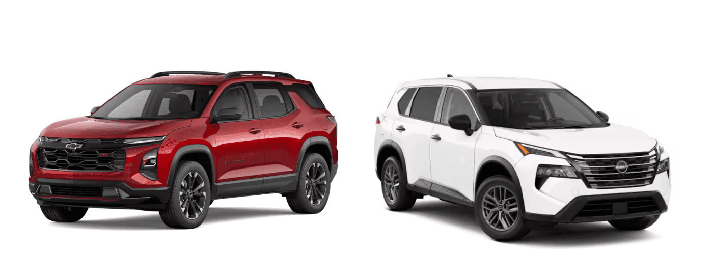 Red 2026 Chevy Equinox RS next to a white 2026 Nissan Rogue