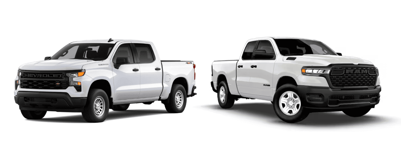 A white 2026 Chevy Silverado 1500 vs a white 2026 Ram 1500