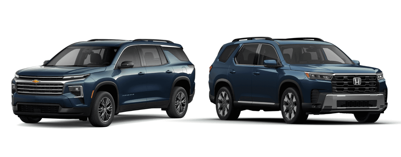 A blue 2026 Chevy Traverse and a blue 2026 Honda Pilot model