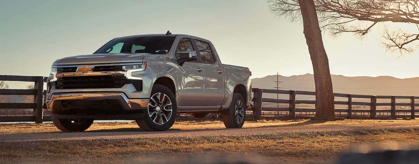 White 2023 Chevy Silverado 1500 Z71 parked near a fence on a farm