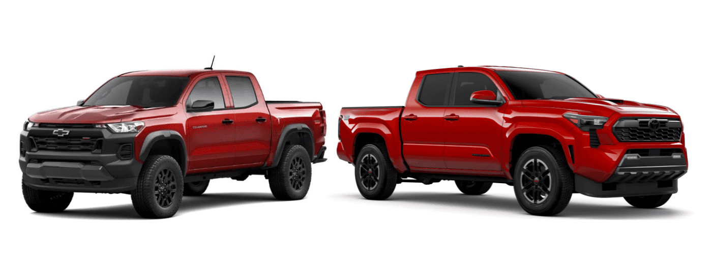 A red 2026 Chevy Colorado vs a red 2026 Toyota Tacoma