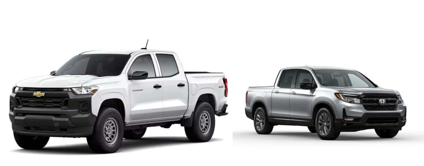 A white 2026 Chevy Colorado vs a silver 2026 Honda Ridgeline