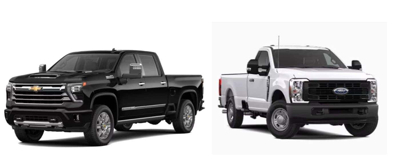 A black 2026 Chevy Silverado 2500 HD vs a white 2026 Ford F-250