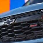 Front grille of a blue 2026 Chevy Trailblazer.