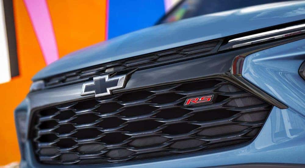 Front grille of a blue 2026 Chevy Trailblazer.