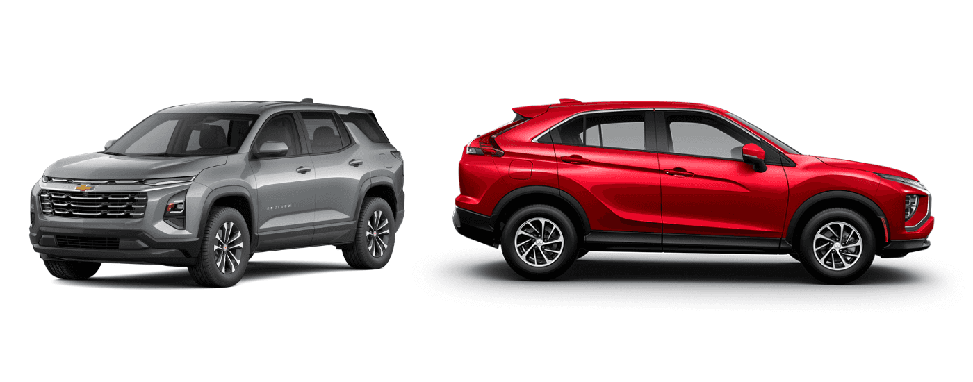 Grey 2026 Chevy Equinox angled left and a red 2026 Mitsubishi Eclipse Cross angled right.