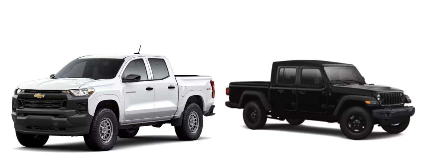A white 2026 Chevy Colorado vs a black 2026 Jeep Gladiator.