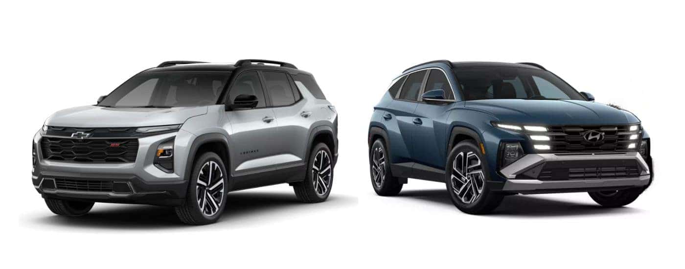A silver 2026 Chevy Equinox and a blue 2026 Hyundai Tuscon.