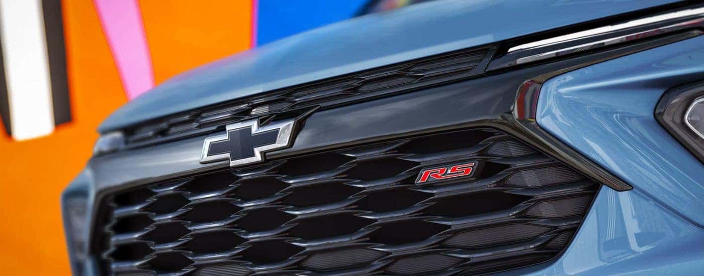 Front grille of a blue 2027 Chevy Trailblazer RS.