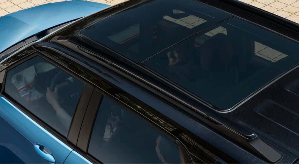Top view of a blue 2027 Chevy Trailblazer RS dual-pane panoramic sunroof.