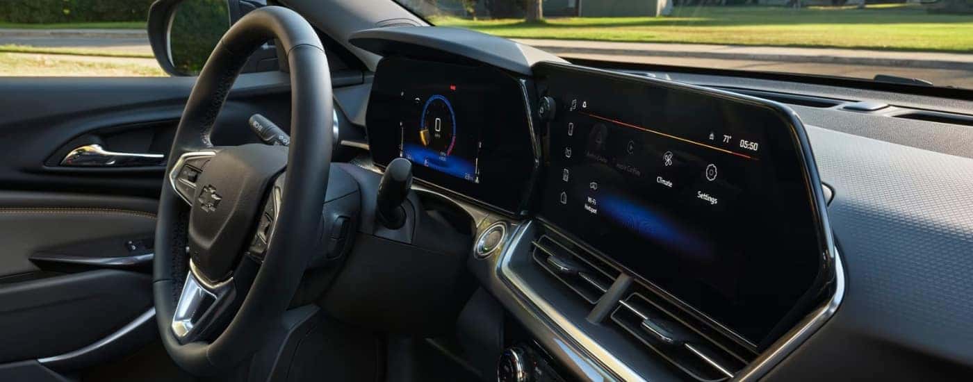 Infotainment display and steering in a 2026 Chevy Trax.