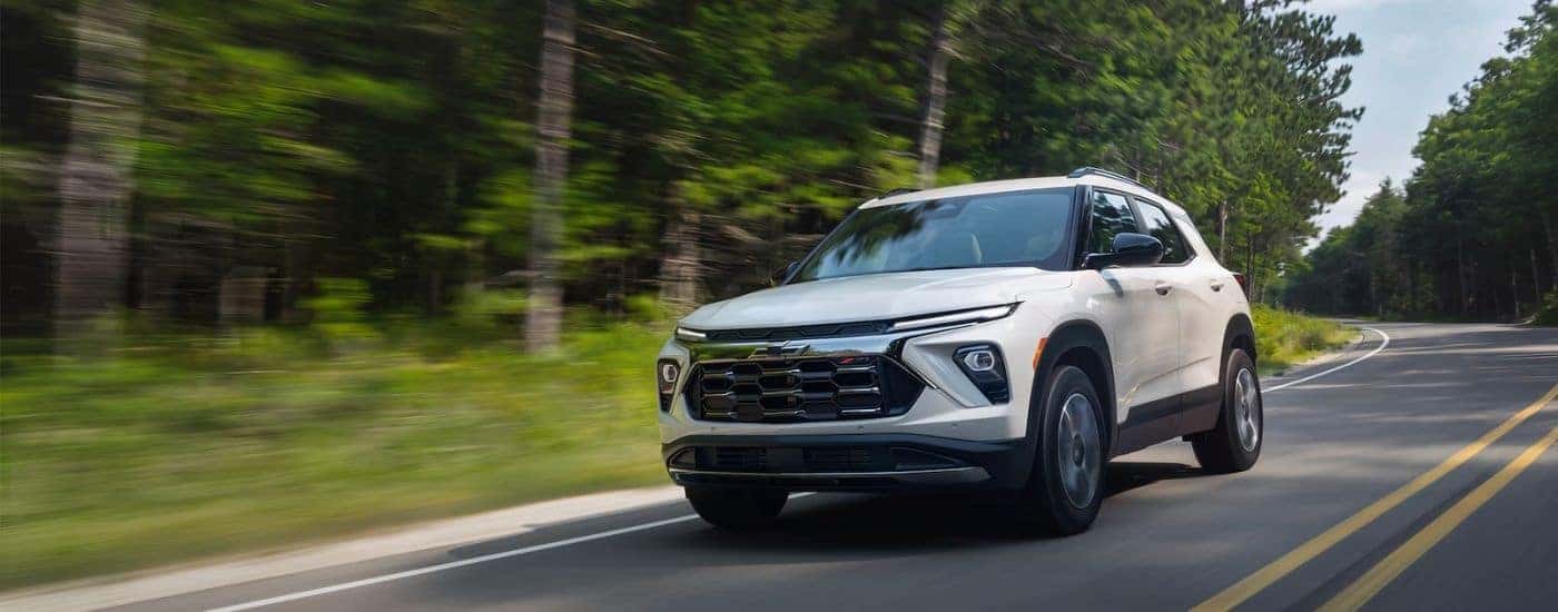 White 2027 Chevy Trailblazer Z71 driving on a highway