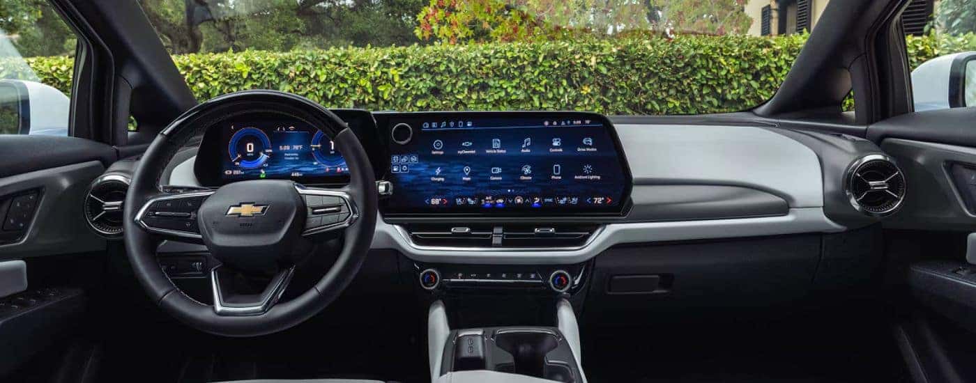 Infotainment display and steering wheel in a 2027 Chevy Equinox EV.