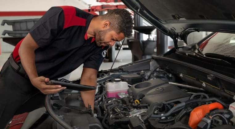 toyota vehicle inspection during routine tire rotation service