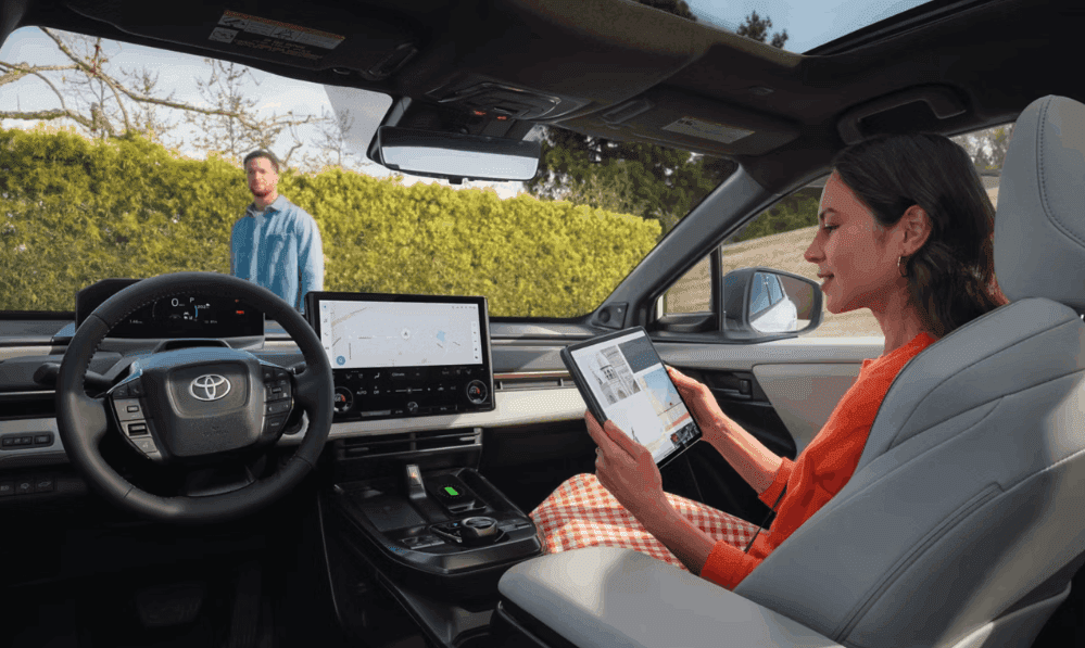 2026 Toyota bZ interior showing 14-inch touchscreen and dashboard