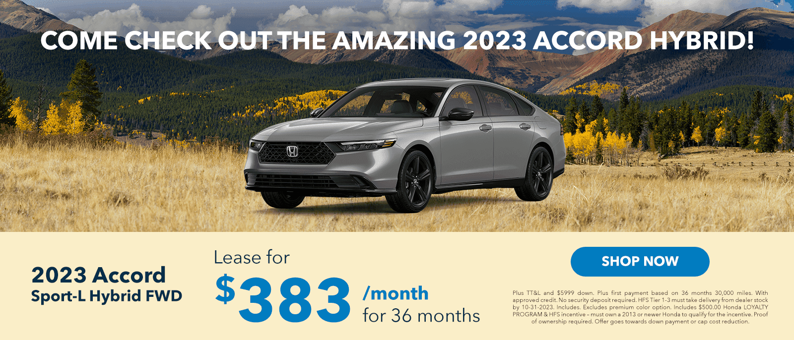 Come Check out the amazing 2023 Accord Hybrid! 2023 Accord Sport-L Hybrid FWD Lease $383.00/mo for 36 months