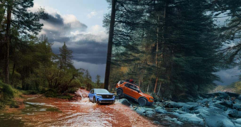 2026-Honda-Passport-Trailsport-and-2025-Honda-Pilot-Trailsport-off-roading-through-water-and-woods
