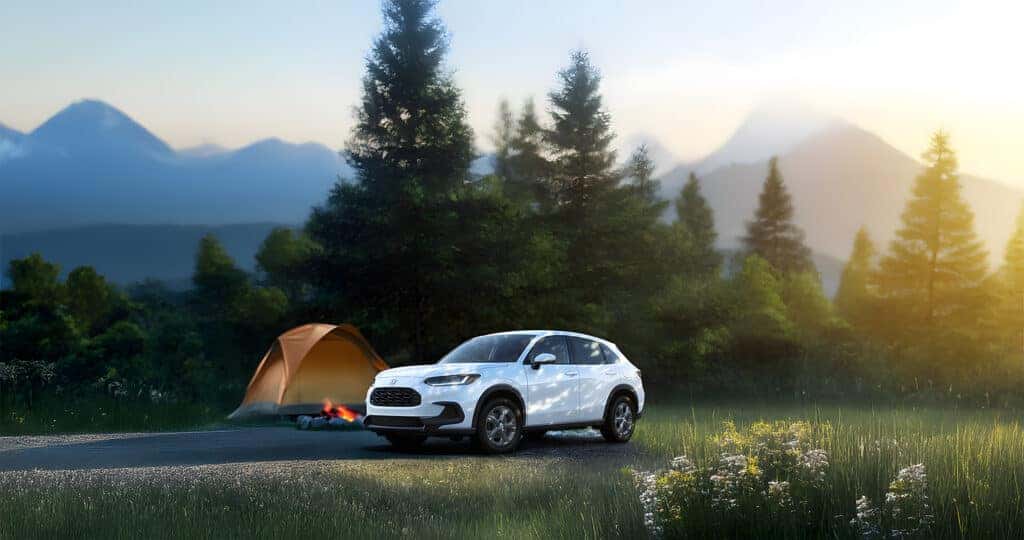 2026 Honda HR-V dimensions shown at a campsite in the woods