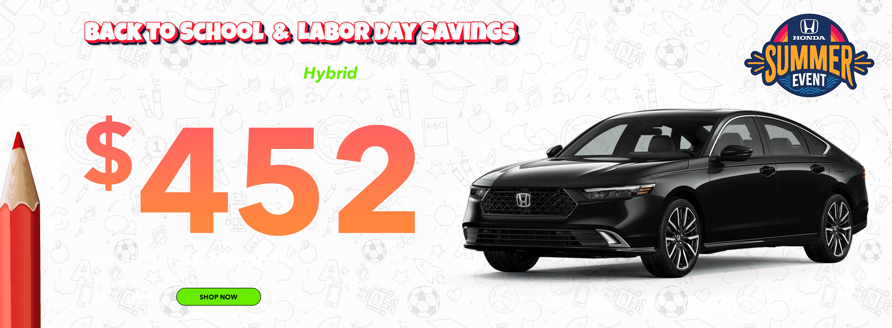 Back to School & Labor Day Savings 2025 Honda Accord Touring Hybrid FWD Lease for $452 per month for 36 months
