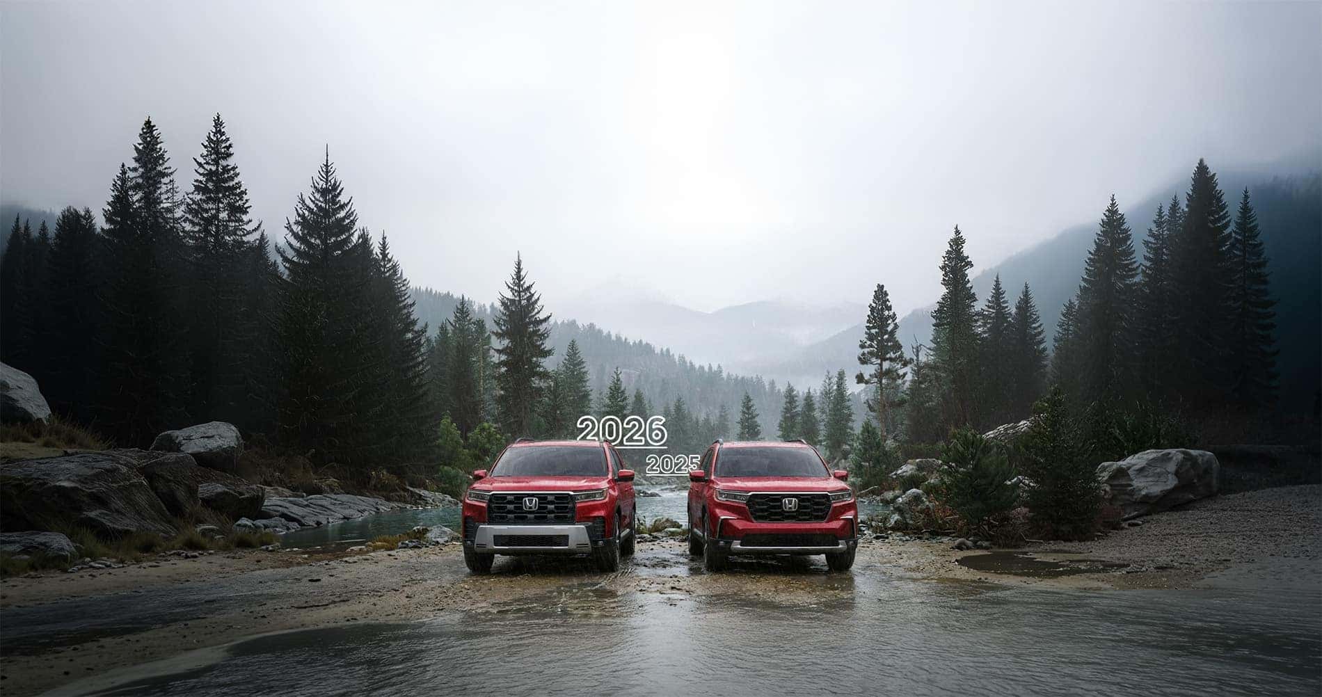2025 vs 2026 Honda Pilot redesign features compared with each model parked next to eachother in the forested mountains