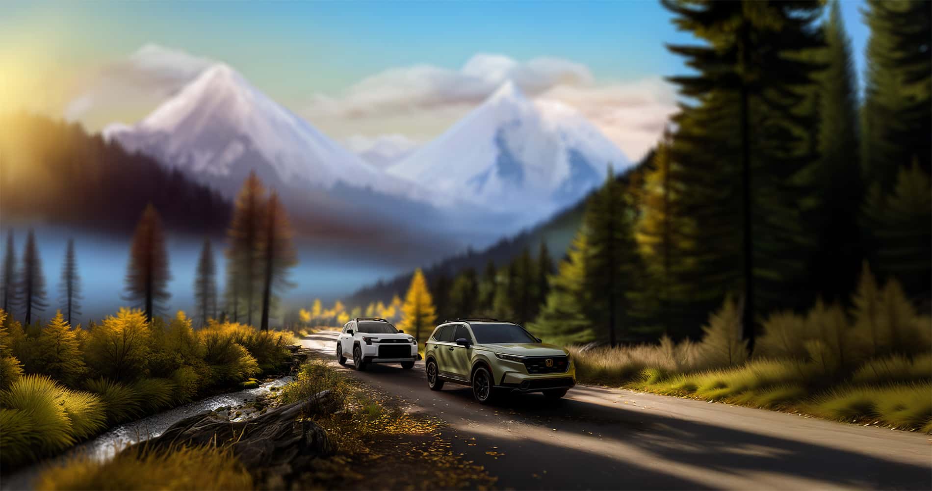 2026 Honda CR-V vs Toyota RAV4 driving through a forest in autumn with a painted style