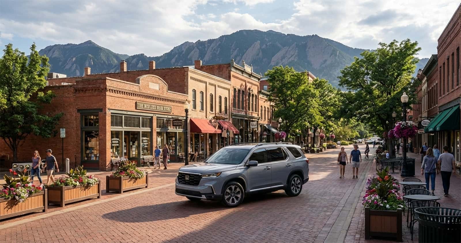 A blue Honda Pilot trim parked in downtown Boulder Colorado