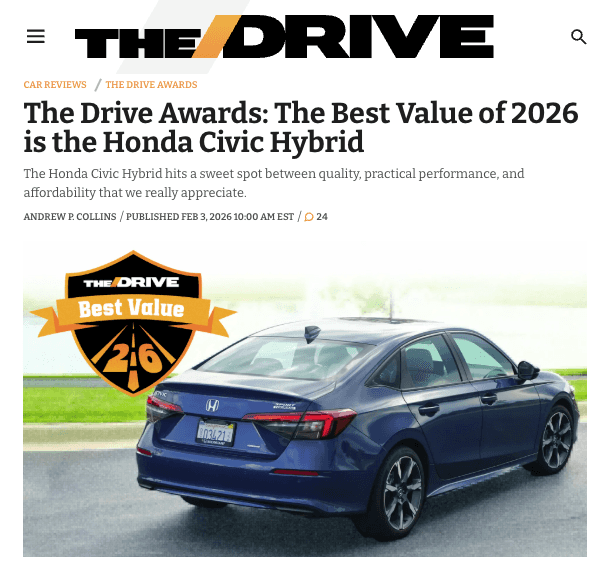 The Best Value of 2026 is the Honda Civic Hybrid, via the Drive