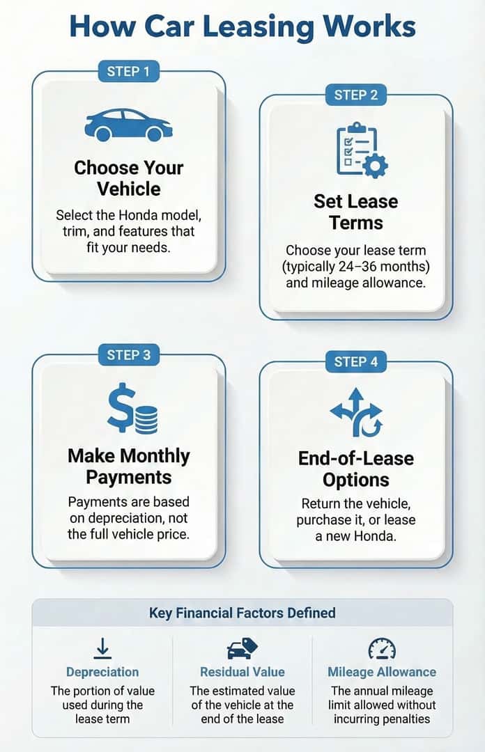 How car leasing works infographic showing steps: choose a vehicle, set lease terms, make monthly payments, and review end-of-lease options