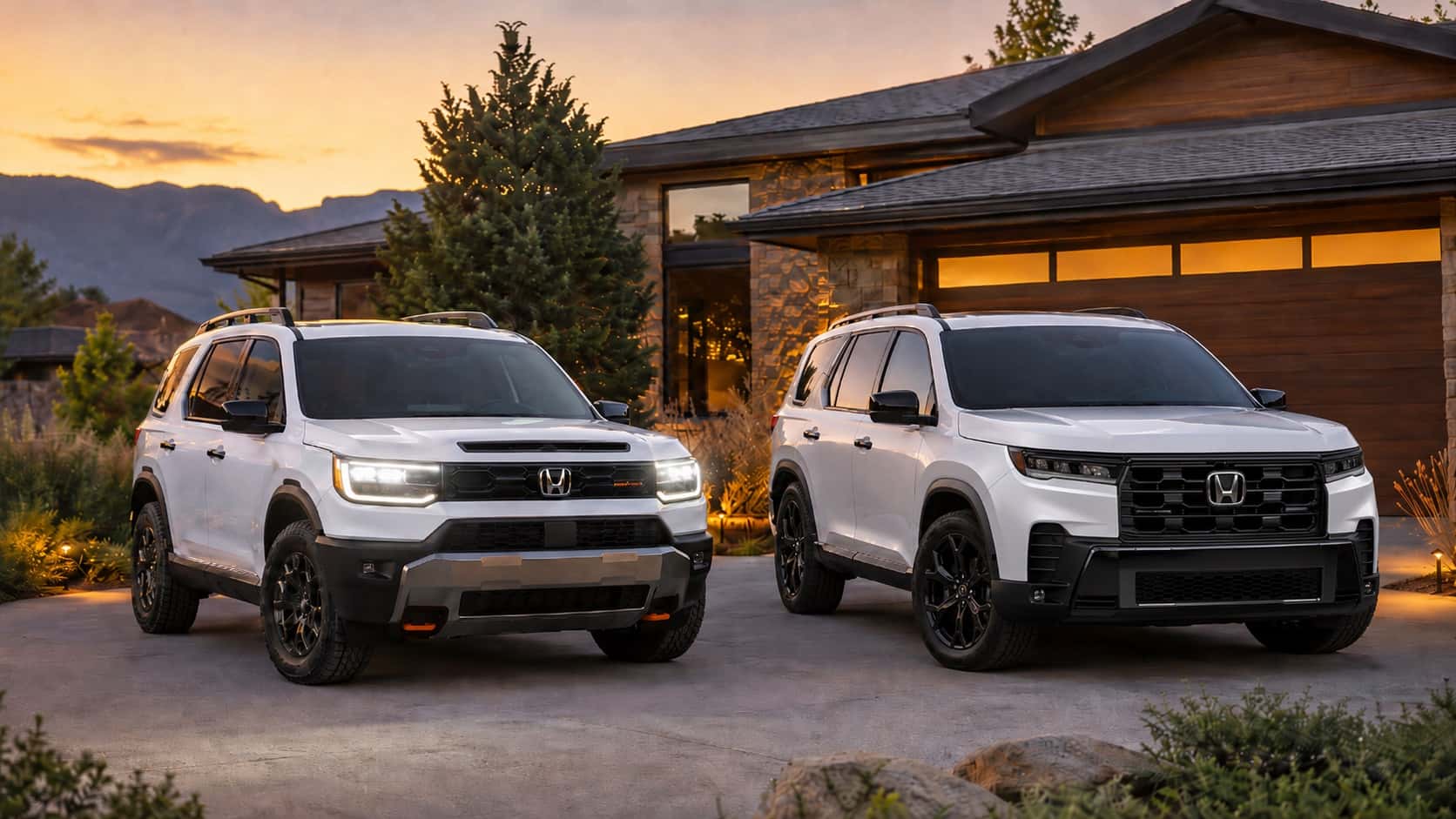 2026 Honda Pilot Black Edition and Passport TrailSport models parked in the driveway of a home at sunset