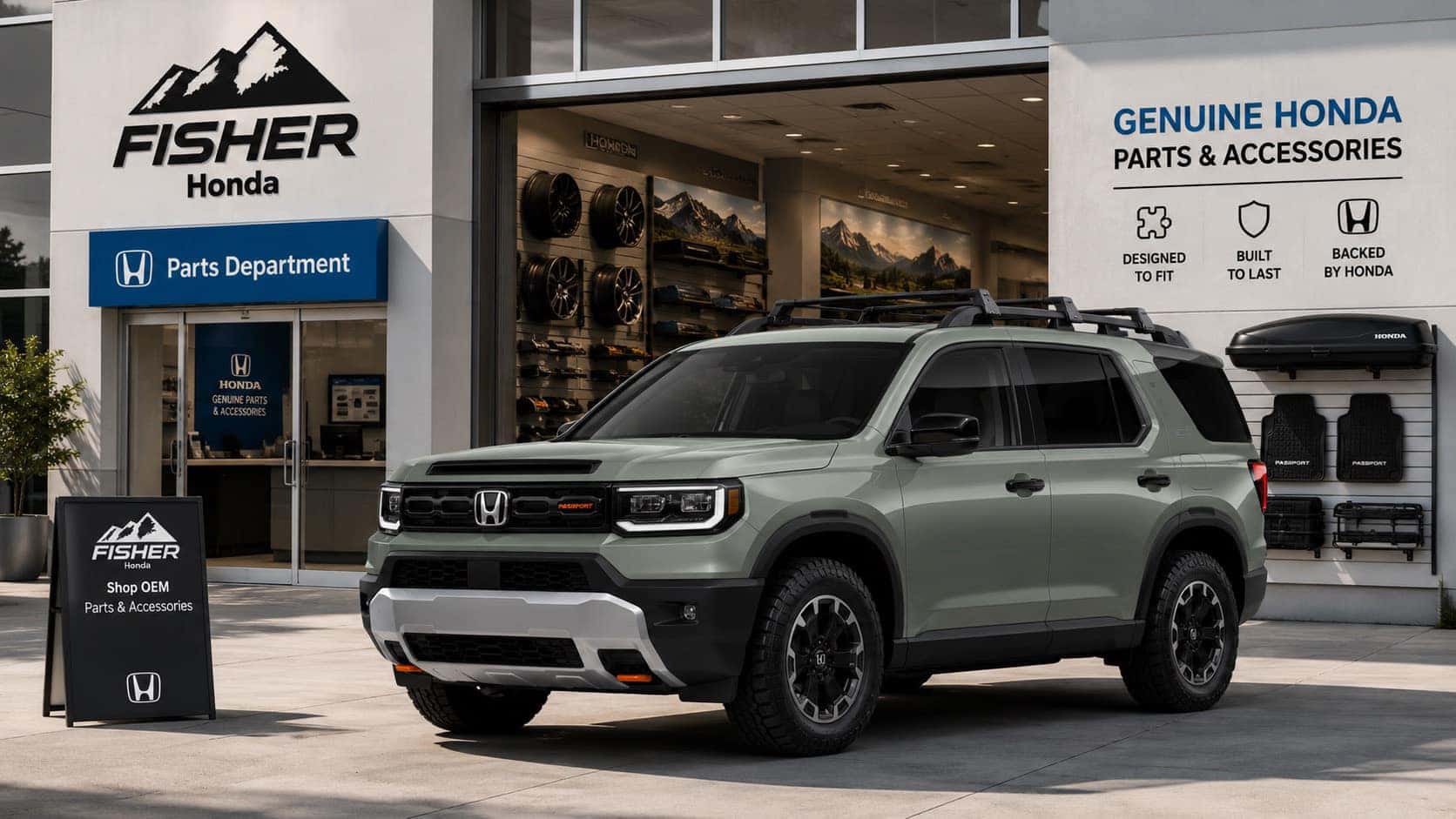 2026 Honda Passport parked outside the Fisher Honda Parts Department with Genuine Honda Parts and Accessories signage, OEM roof accessories, and Passport accessories display wall at a modern Honda dealership.