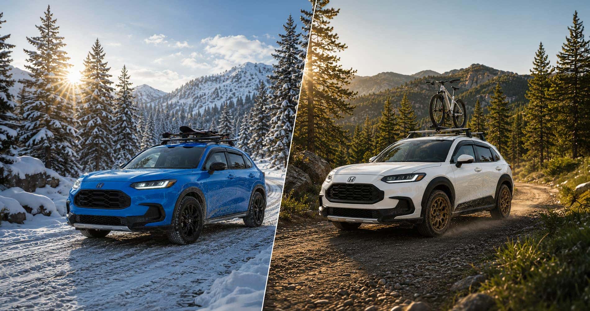 Split image showing blue HR‑V in snowy forest and white HR‑V on sunny trail, highlighting all‑season capability.