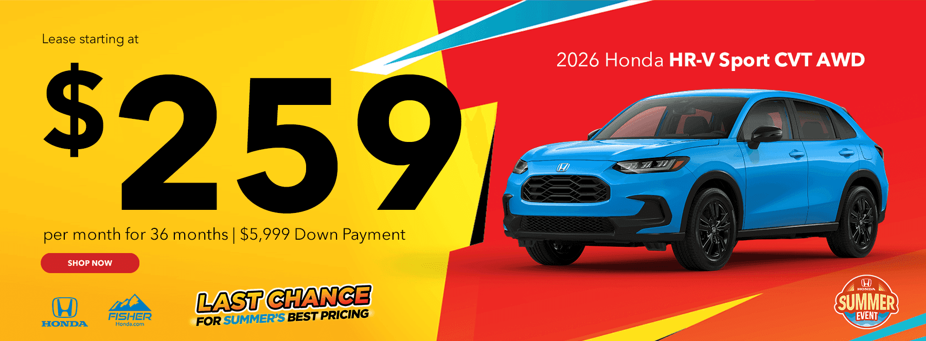 2026 HR-V Sport CVT AWD Lease for $259/month for 36 months. $5,999 Down Payment