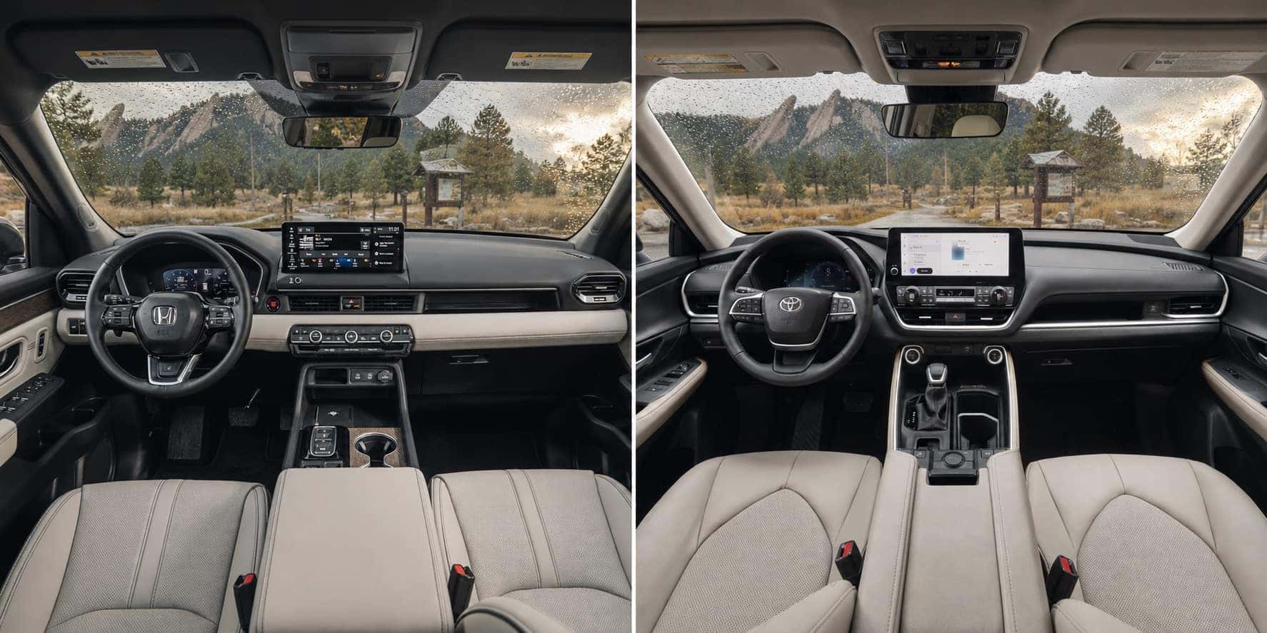 Side by side view of Honda Pilot and Toyota Highlander cabins showing dashboard layouts touchscreen displays and steering wheel designs with rain outside.