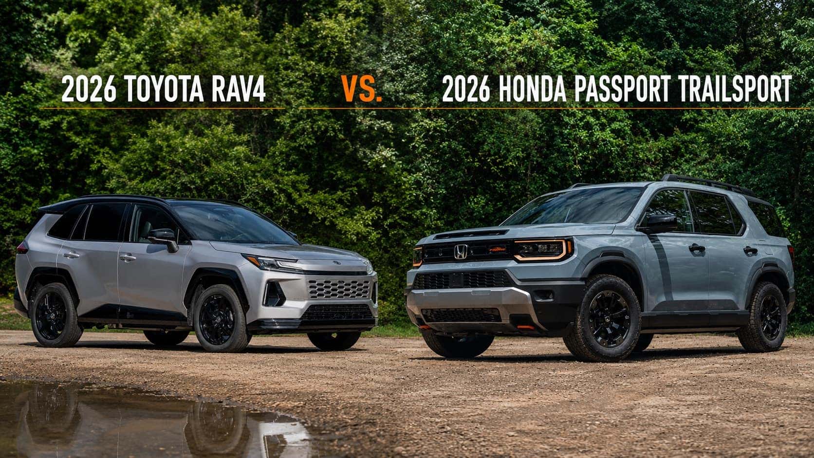2026 Toyota RAV4 and 2026 Honda Passport TrailSport shown side by side on a mountain trail for an SUV comparison.