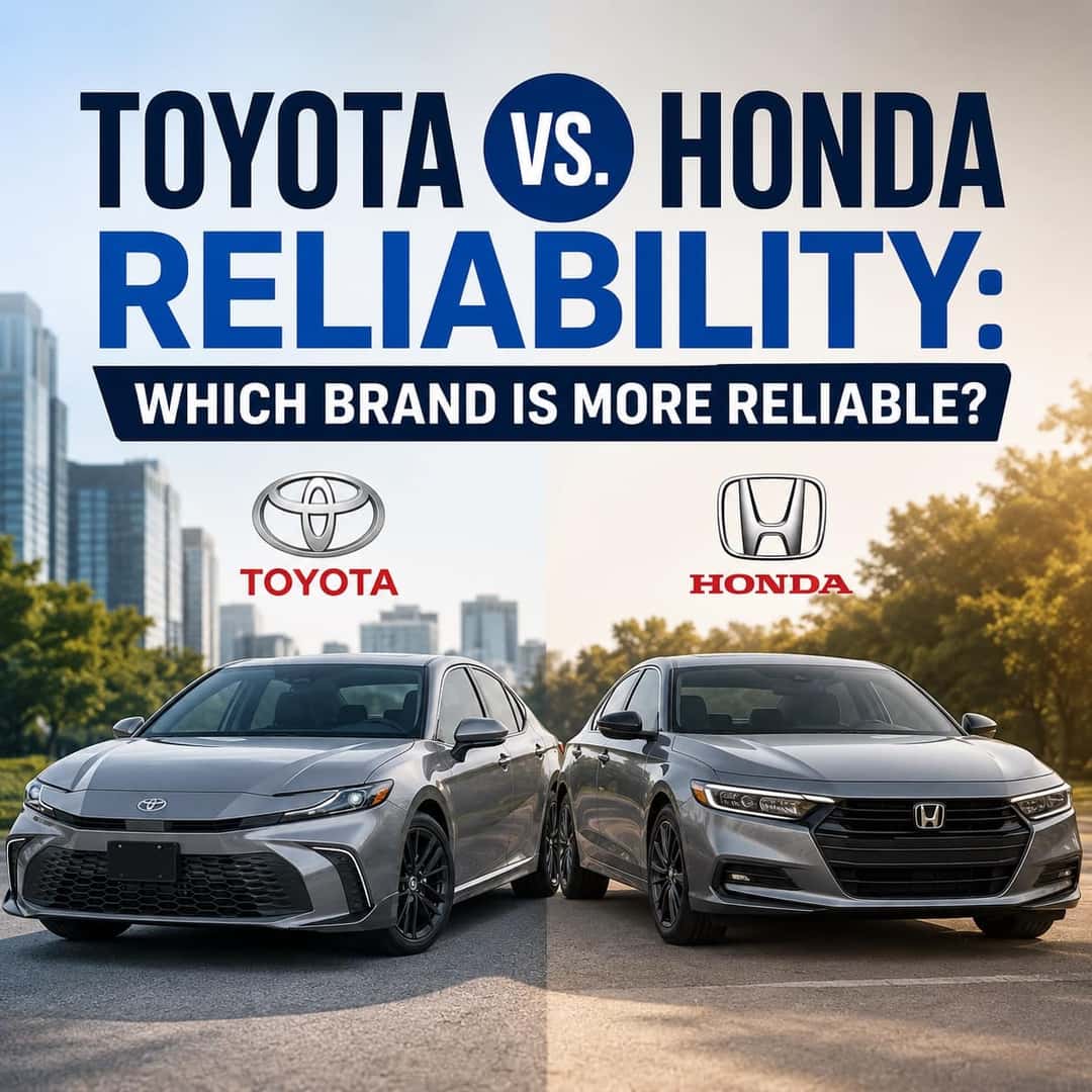 2026 Toyota Camry and 2026 Honda Accord shown side by side in a Toyota vs. Honda reliability comparison graphic.