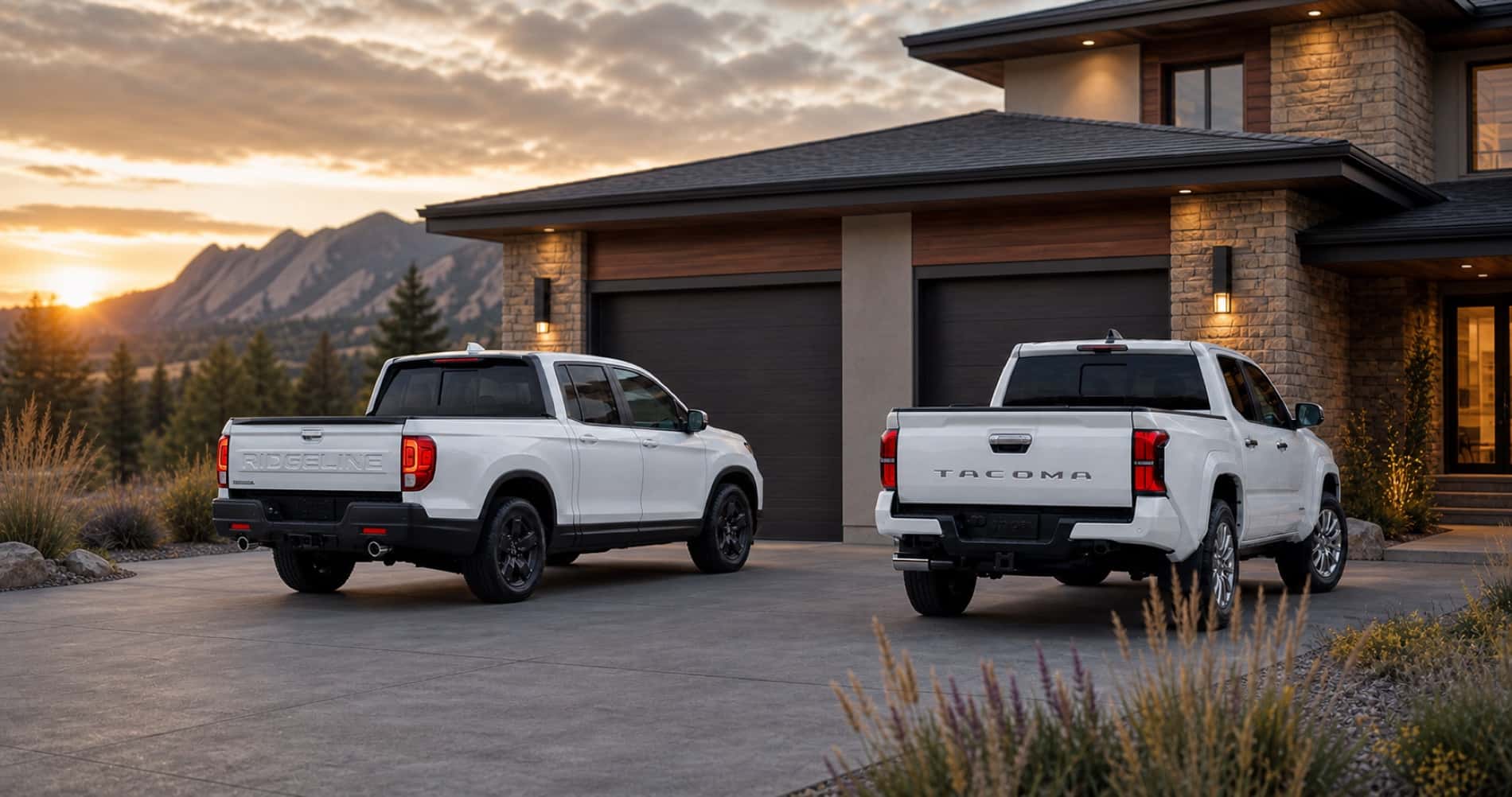 White Honda Ridgeline and white Toyota Tacoma parked side by side in driveway at sunset in front of modern mountain home highlighting rear styling and design differences.
