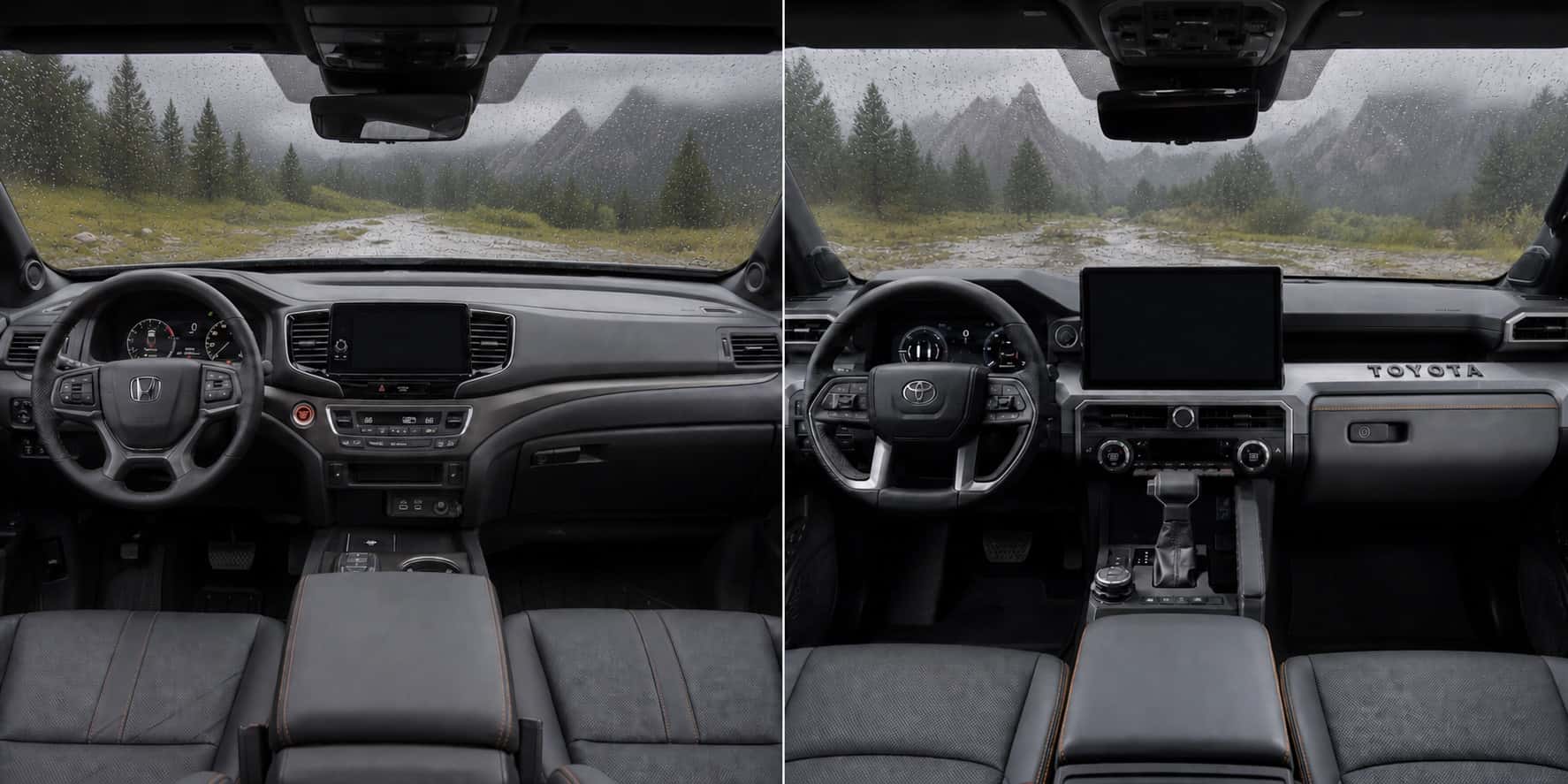 Side by side view of Honda Ridgeline and Toyota Tacoma cabins showing dashboard layouts touchscreen displays and steering wheel designs with rain outside.