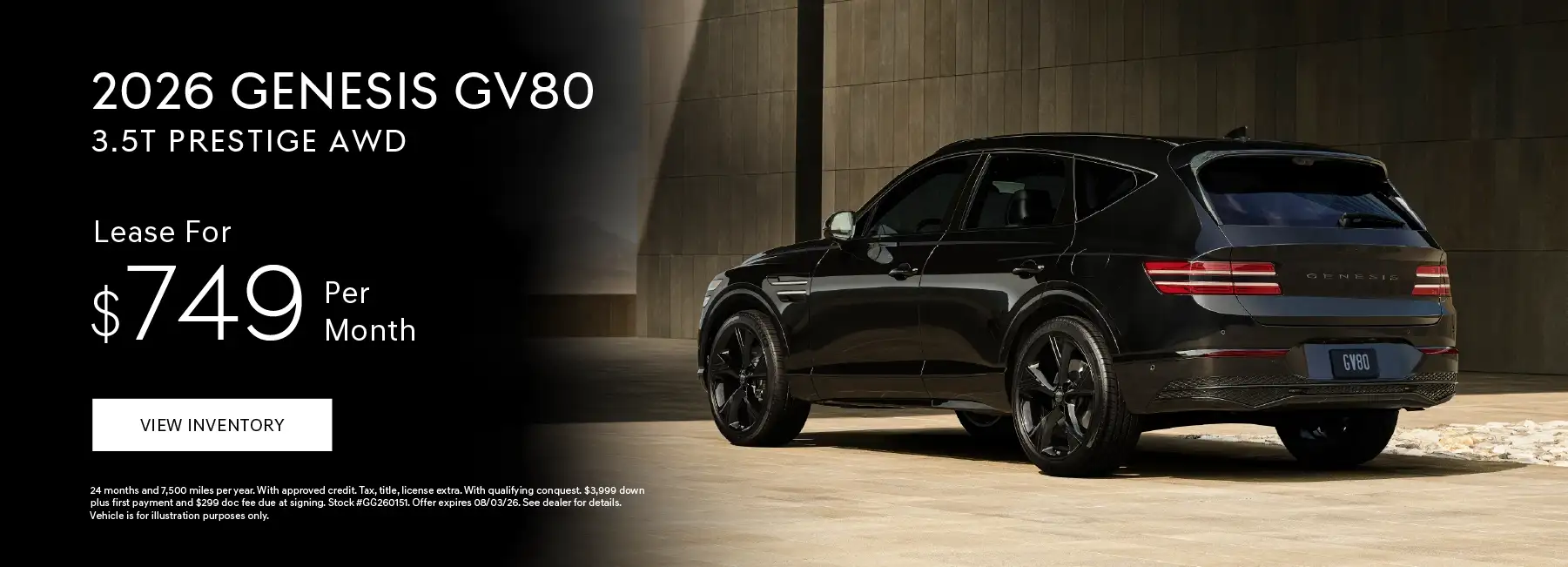 2026 Genesis GV80 3.5T Prestige AWD -Lease for $749 Per Month – 24 Months and 7,500 Miles Per Year